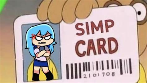 a cartoon character holding a barcode with the word'simp card'on it