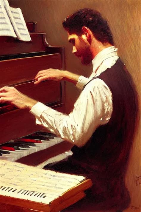 attractive man playing piano, painting by gaston | Stable Diffusion