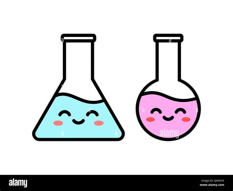 Kawaii lab flask. Two cute laboratory equipment characters. Back to school concept. Funny ...