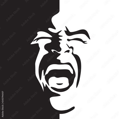 Vektorová grafika „Screaming face shout in black and white vector graphics. Emotional scream of ...