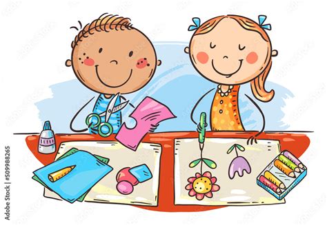 Cartoon doodle school kids enjoy crafting together, creative activities clipart Stock Vector ...