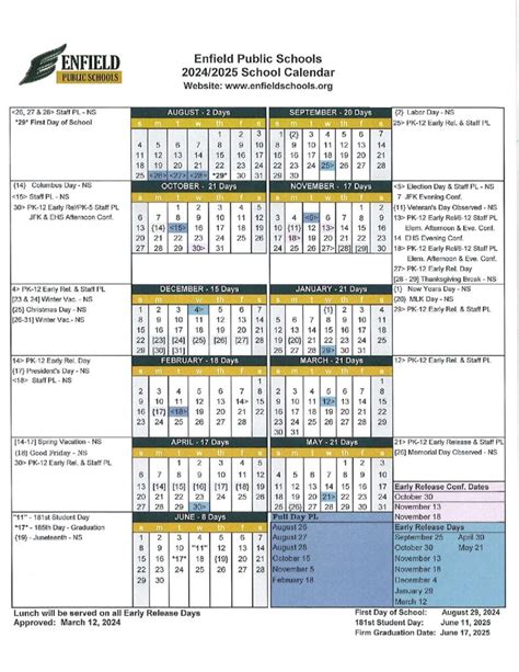 Enfield Public Schools Calendar 2024-2025 in PDF