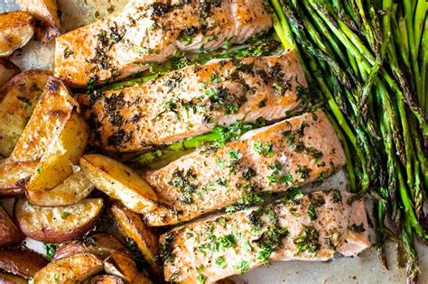 Roasted Salmon, Asparagus & Potatoes with Garlic Butter Recipe