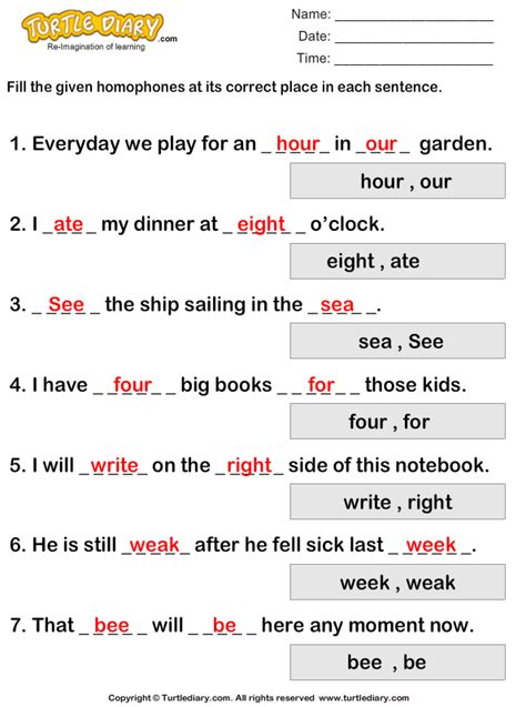 Homophone Complete the Sentence Worksheet - Turtle Diary