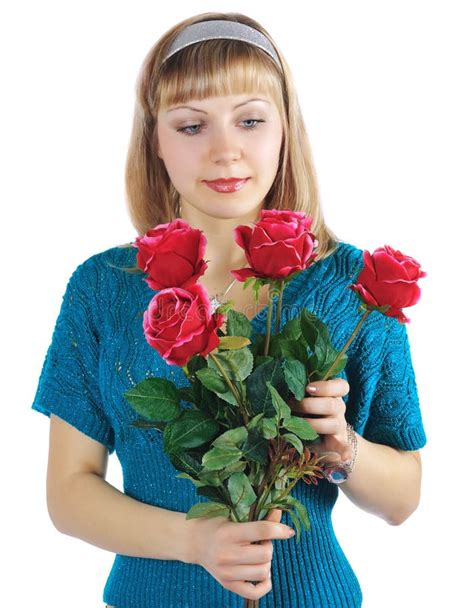 Beautiful Woman Holds Bouquet of Red Roses Stock Photo - Image of person, people: 13308300