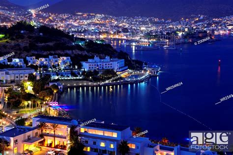 View of Bodrum harbor and Castle of St. Peter by night. Turkish Riviera ...