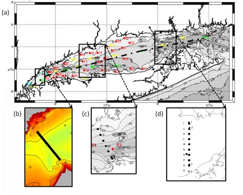 (a) Map of Long Island Sound showing the bathymetry (depths in m) and ...