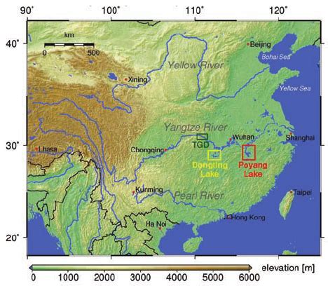 Geographical locations of the Poyang Lake (red), the Dongting Lake... | Download Scientific Diagram