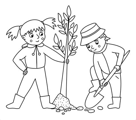 Vector black and white children planting tree illustration. Cute outline kids doing garden work ...