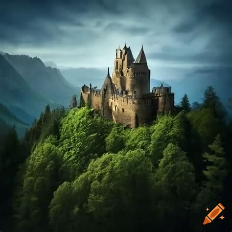 Hyperrealistic medieval castle surrounded by forest and mountains on Craiyon