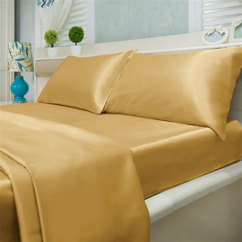 Satin Bed Sheet Set Ultra Soft 4-Piece (Gold, King) - Walmart.com ...