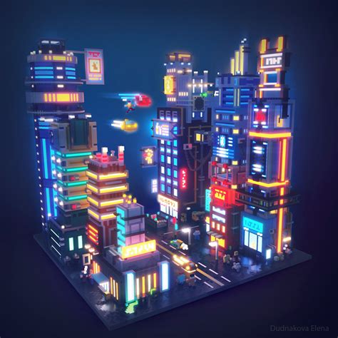 ArtStation - Voxel cyberpunk town, Elena Dudnakova | Cyberpunk city ...