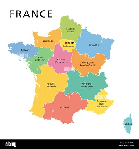 France, political map with multicolored regions of Metropolitan France. French Republic, capital ...