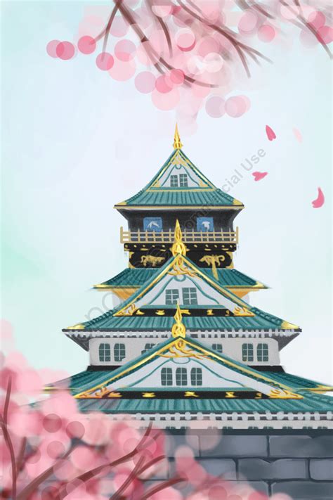 Japan Osaka Osaka Castle Building, Cherry Blossoms, Hand Painted ...