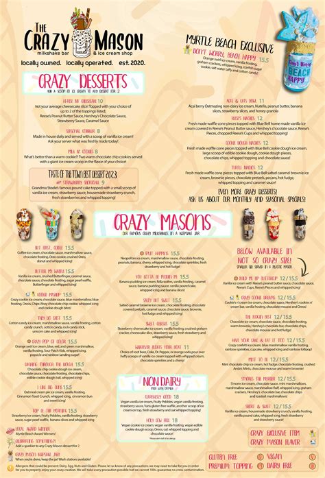 Menu at Crazy Mason pub & bar, Myrtle Beach