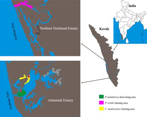 Map of the Ashtamudi and northern Vembanad estuaries showing the ...