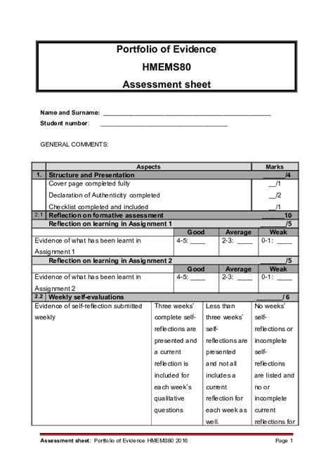 (DOC) PORTFOLIO OF EVIDENCE ASSESSOR SHEET