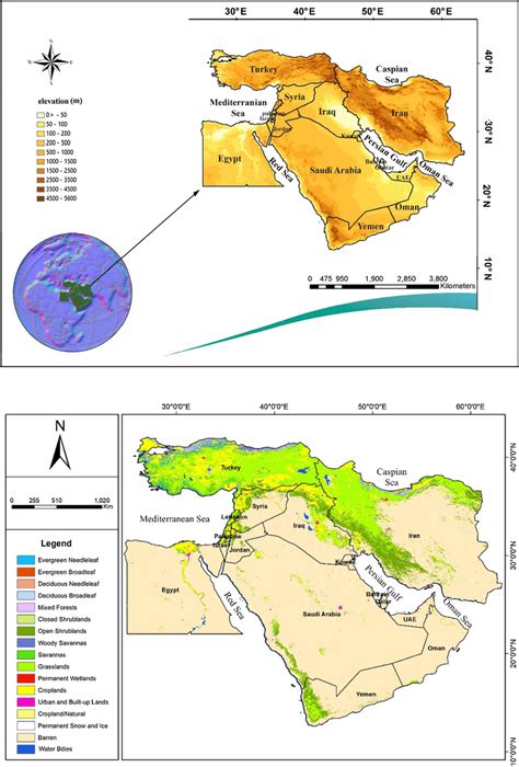 Maps presenting the study area (the Middle East) including an elevation ...