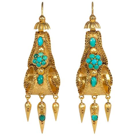 Early Victorian Turquoise Gold Scroll Design Earrings with Articulated ...