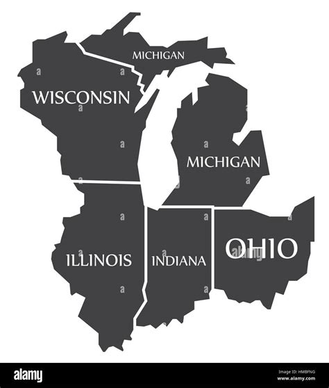 Michigan - Wisconsin - Illinois - Indiana - Ohio Map labelled black ...