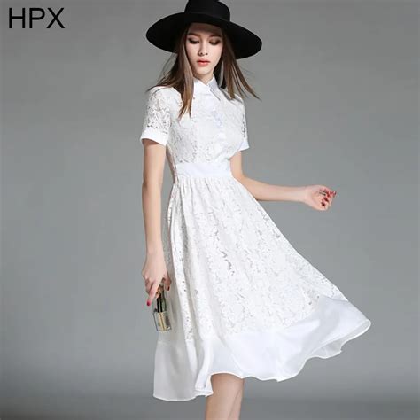 White Lace Knee Length Dress 2016 Spring Autumn New Women High Waist Elegant Dresses Ladies ...