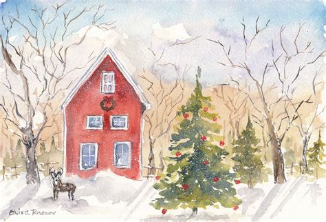 Christmas Watercolor Card Red Barn *New original by Elvira Rascov