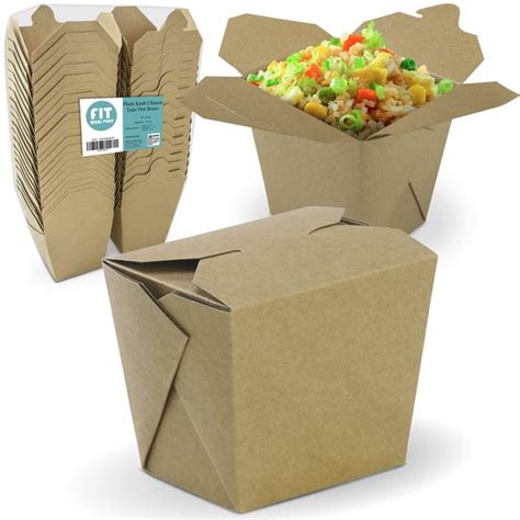 [50 Pack] 32 oz Chinese Take Out Boxes - 4.5x4” Plain Kraft Paperboard Food Containers, Leak and ...