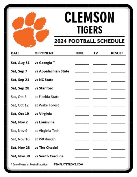 Printable 2024 Clemson Tigers Football Schedule