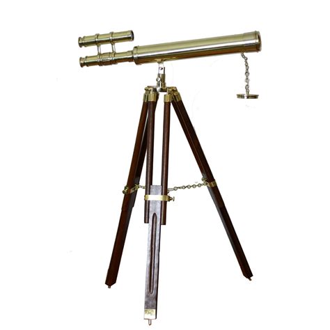 Double Barrel Brass Telescope Wooden Tripod Stand - Antikcart