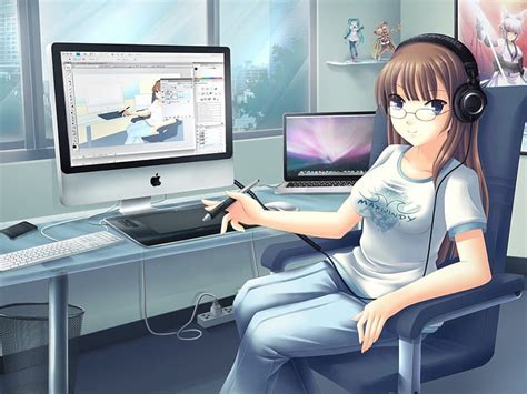 My Work Place, headhone, cg, anime, hot, anime girl, chair, realistic, long hair, HD wallpaper ...