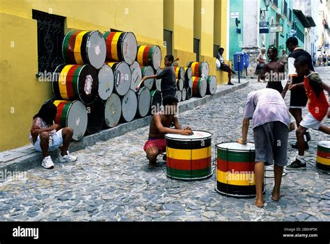 BRAZIL, SALVADOR DE BAHIA, PELOURINHO DISTICT, STREET SCENE, DRUMS FROM OLODUM BAND Stock Photo ...