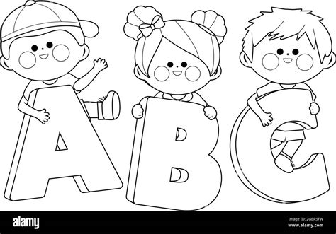 Children holding cartoon letters. Vector black and white coloring page ...