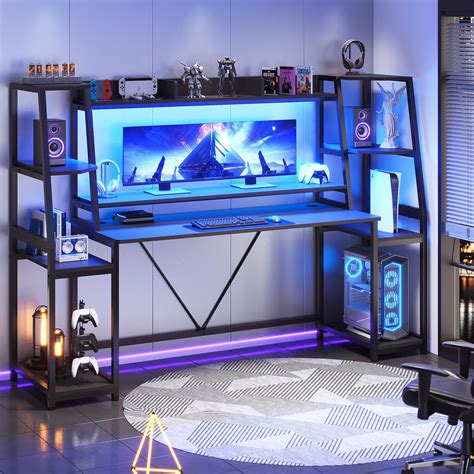 Buy SEDETA Gaming Desk 78.8'' with LED Lights, Hutch and Storage Shelves, Computer Desk with ...