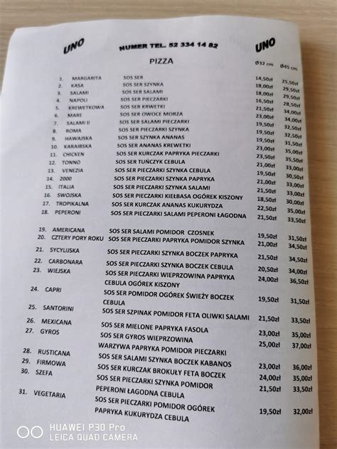 Menu at Pizzeria Uno, Czersk