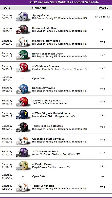 Kansas State Wildcats 2012 Football Schedule Kansas State Football, Bulls Football, Kc Chiefs ...