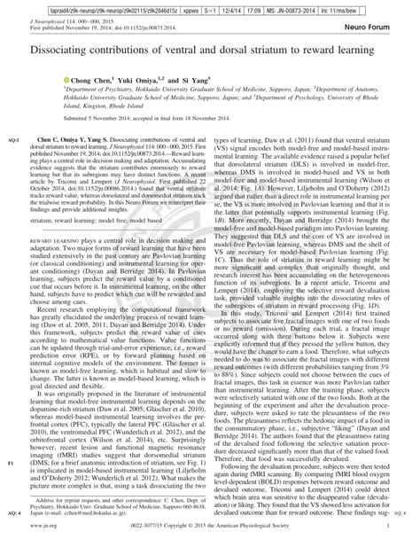 (PDF) Dissociating contributions of ventral and dorsal striatum to reward learning