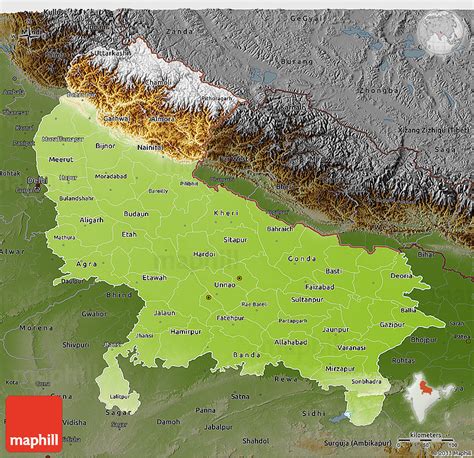 Physical 3D Map of Uttar Pradesh, darken