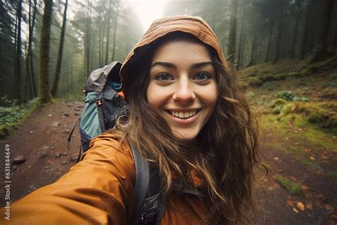 Generative AI picture image of wanderer person in touristic gear enjoying breathtaking forest ...