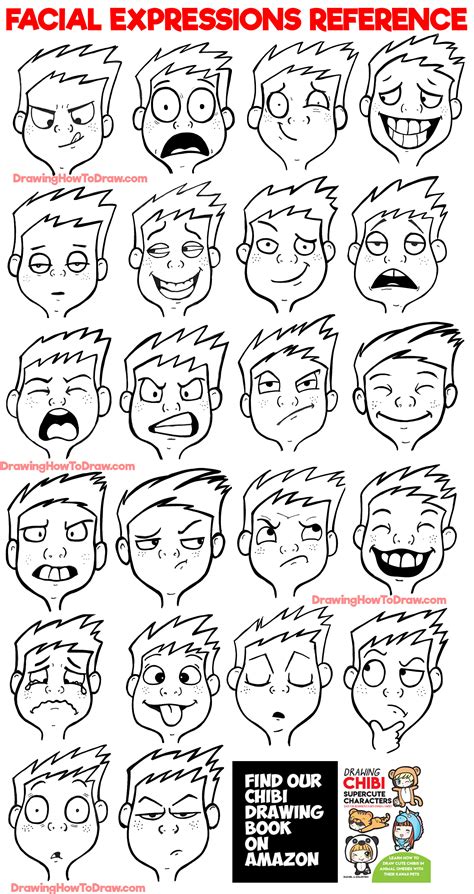 Facial Expressions and Silly Cartoon Faces Reference Sheet – How to Draw Step by Step Drawing ...