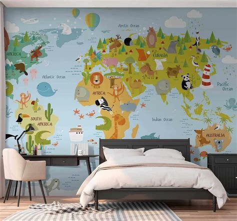 Wall Mural Photo Wallpaper Children's map of the world with animals Nr ...