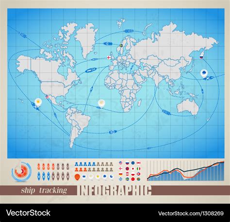 World map with ship tracking Royalty Free Vector Image