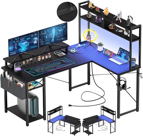 Aheaplus Small L Shaped Gaming Desk with LED Lights & Power Outlets ...