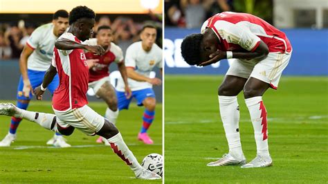 Watch Bukayo Saka miss penalty for Arsenal in Barcelona clash as fans ...