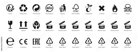 Packaging icons, Recycling symbols, standard signs, certification mark black set : Triman ...