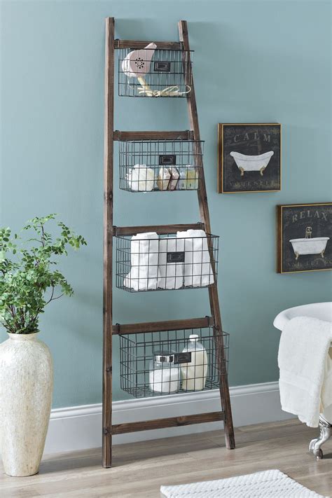 Get farmhouse functional with leaning ladder storage. | Wooden ladder decor, Ladder decor, Decor