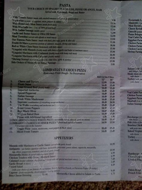 Menu at Trattoria Lombardi's Restaurant, Ocean City