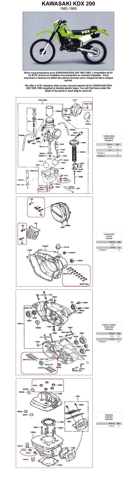 KAWASAKI KDX 200 1983-1985 complete screw kit