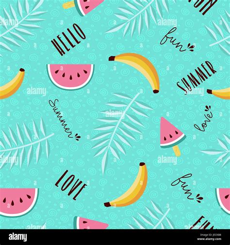 Happy summer tropical seamless pattern design with watermelon, banana, palm leaf and calligraphy ...