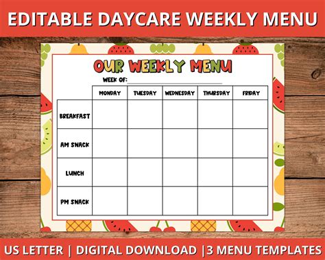 Editable Daycare Weekly Menu, Editable Daycare Menu, Fillable Daycare Weekly Meal Planner ...