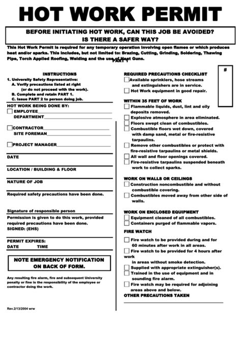 Hot Work Permit - Brown University printable pdf download